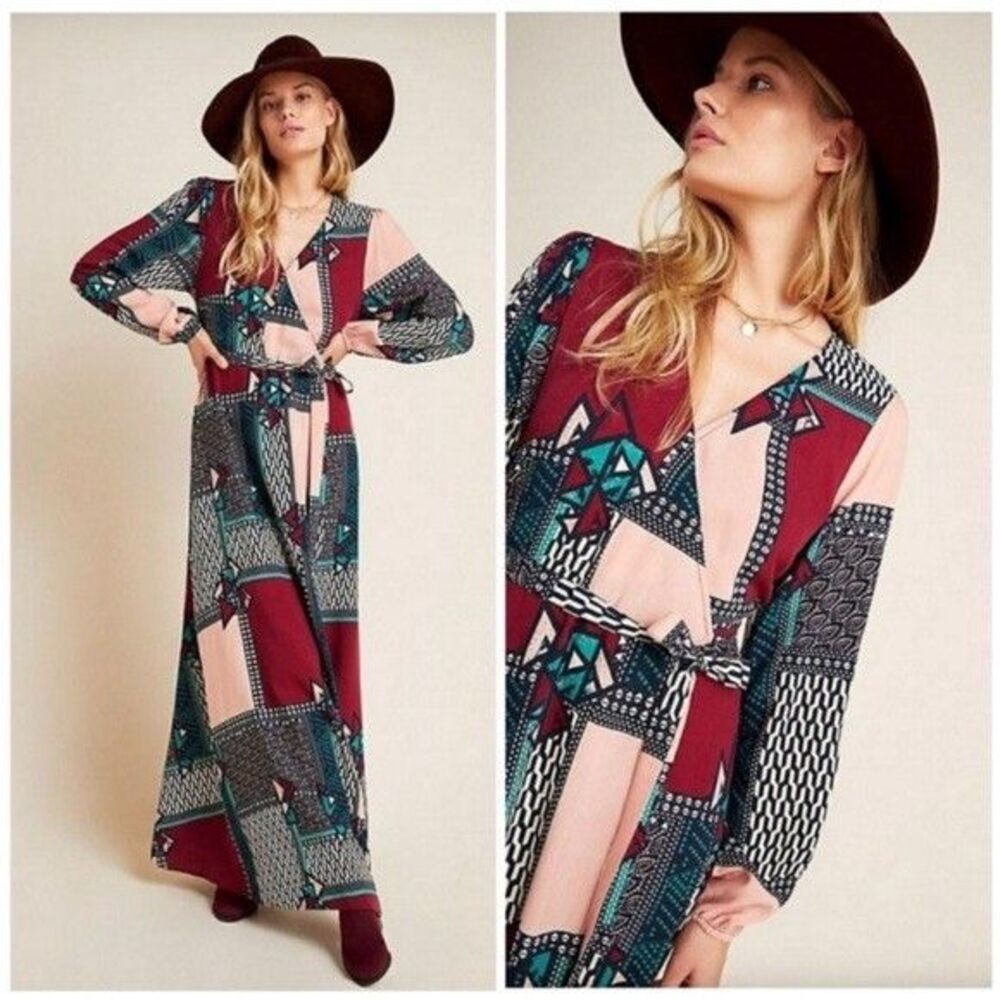 Porridge Anthropologie Patchwork Colorblock Long Sleeve Maxi Wrap Dress XS Boho